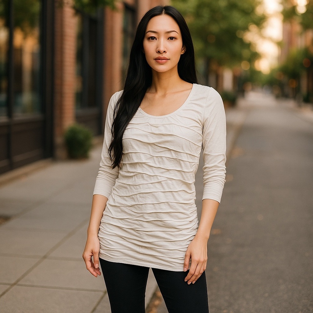 Peck & Peck Off White Ruched 3/4 Sleeve Top